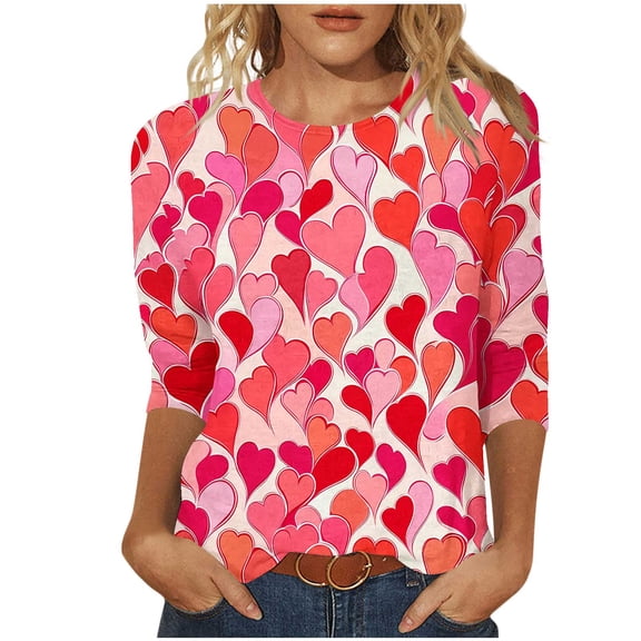 asdoklhq Valentine Day Tops for Women Printing Blouses 3/4 Sleeve Round Neck Pullover Fashionable Top Pink 4X