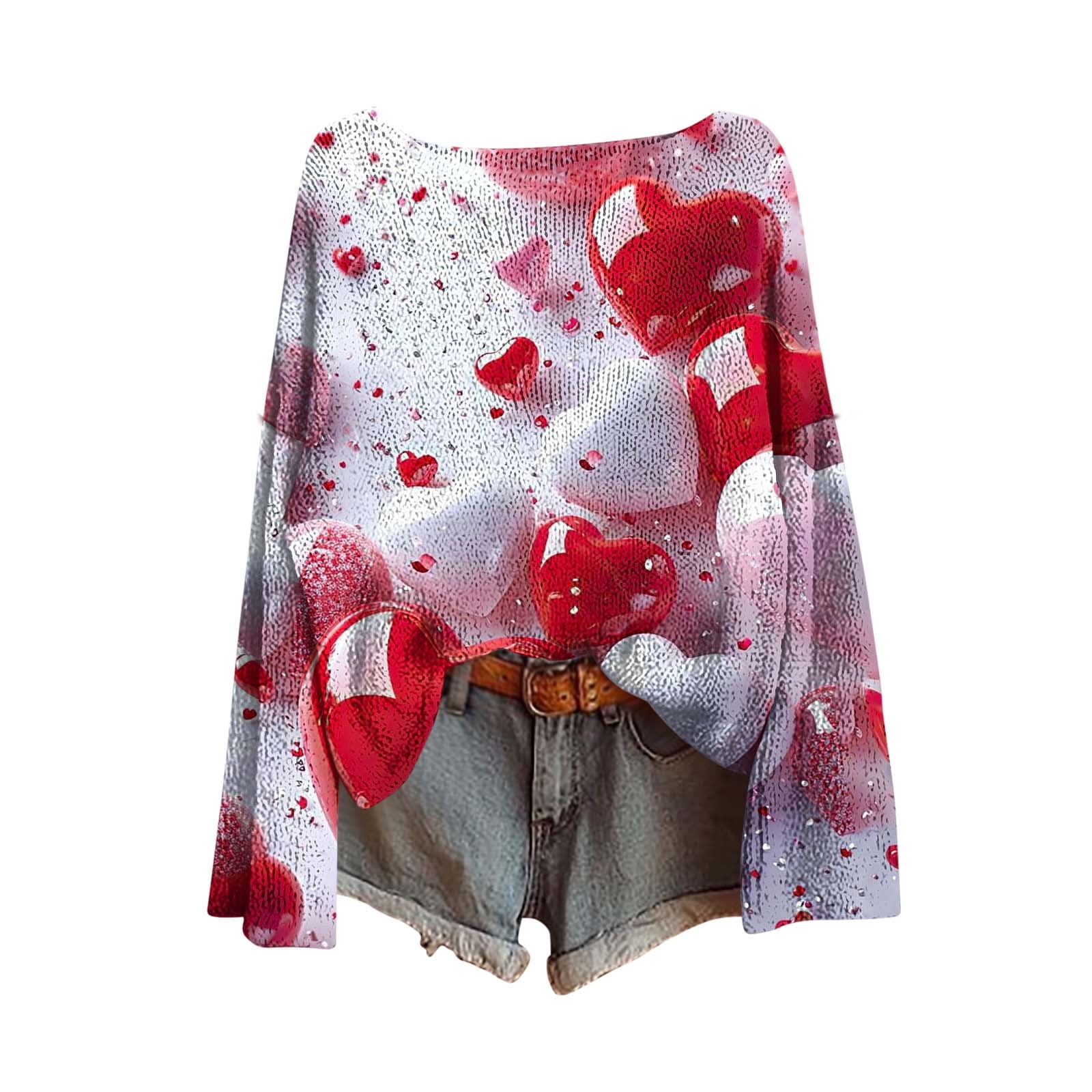 asdoklhq Valentine Day Tops for Women Winter Heart Printed Long Sleeved Round Neck Pullover Fashion Casual Loose Top Red XL