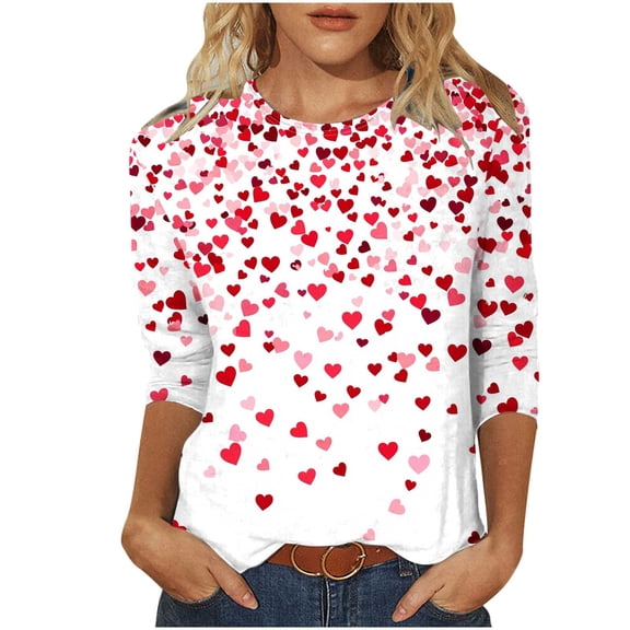 asdoklhq Valentine Long Sleeve Tops for Women Fashion Women's Printed Round Neck 3/4 Sleeve T-shirt Fashionable Blouse Tops White 2X