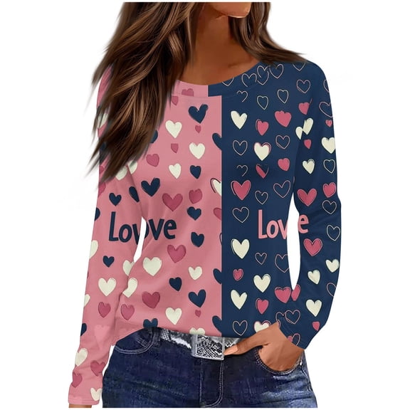 asdoklhq Valentine Plus Size Tops for Women Fashion Women's Casual Long Sleeve Striped Heart Printing Round Neck Loose T-Shirt Blouse Top Navy 5X