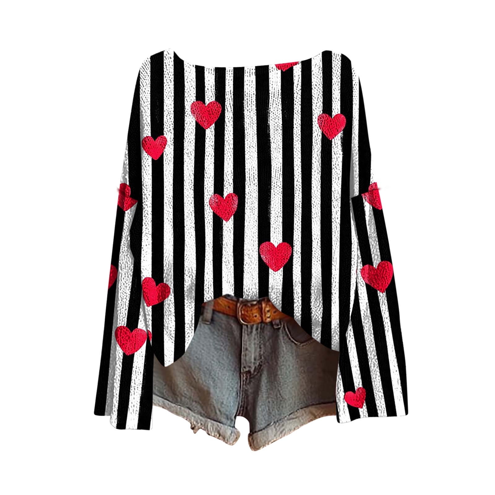 asdoklhq Valentine Plus Size Tops for Women Winter Heart Printed Long Sleeved Round Neck Pullover Fashion Casual Loose Top Black XL