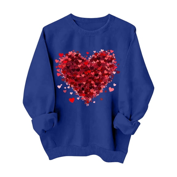 asdoklhq Valentine T Shirts for Women Winter Day Fashion Printed Round Neck Long Sleeved Hoodie without Hat Blue S