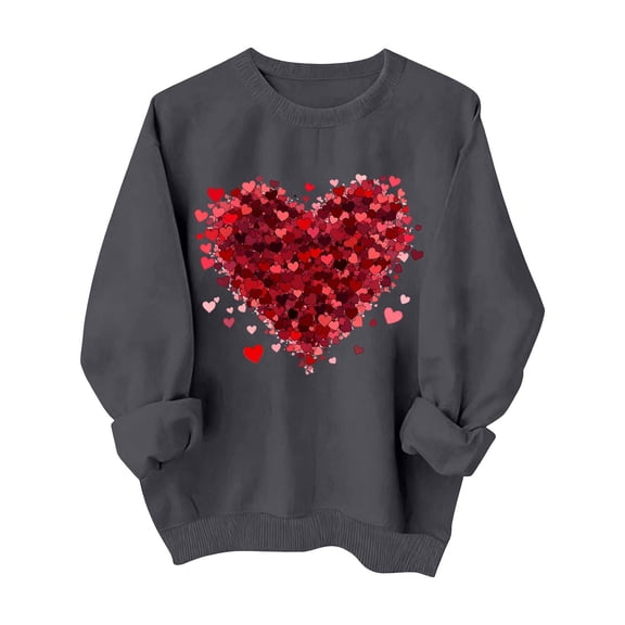 asdoklhq Valentine T Shirts for Women Winter Day Fashion Printed Round Neck Long Sleeved Hoodie without Hat Dark Gray S