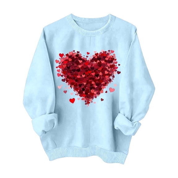 asdoklhq Valentine T Shirts for Women Winter Day Fashion Printed Round Neck Long Sleeved Hoodie without Hat Light Blue L