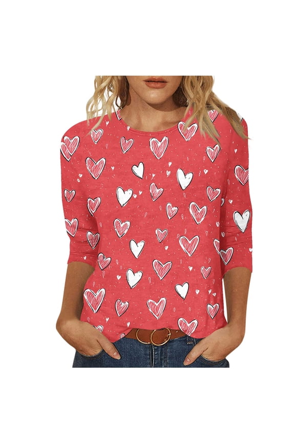 Valentine Tops Women's Printing Blouses 3/4 Sleeve Round Neck Pullover Fashionable Top Red 2X