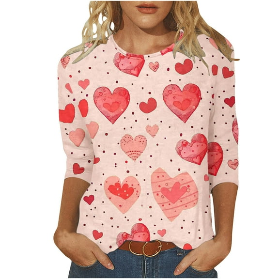 asdoklhq Valentine's Day 3/4 Sleeve V Neck Shirts Women's Fashion Tees Casual Crewneck 3/4 Sleeve Loose T Shirt Ladies Blouses Shirts Multicolor 4X
