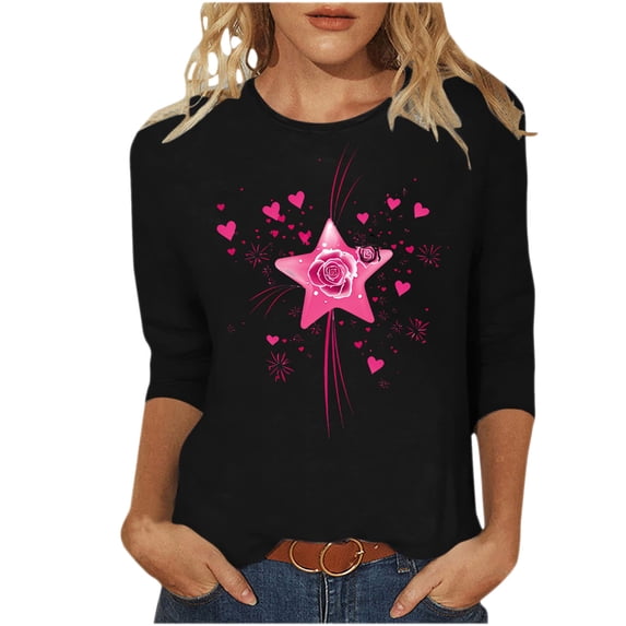 asdoklhq Valentine's Day Graphic Tees Women Day Printed 3/4 Sleeve Crew Neck Fashion Pullover Tops T-Shirt Black 2X