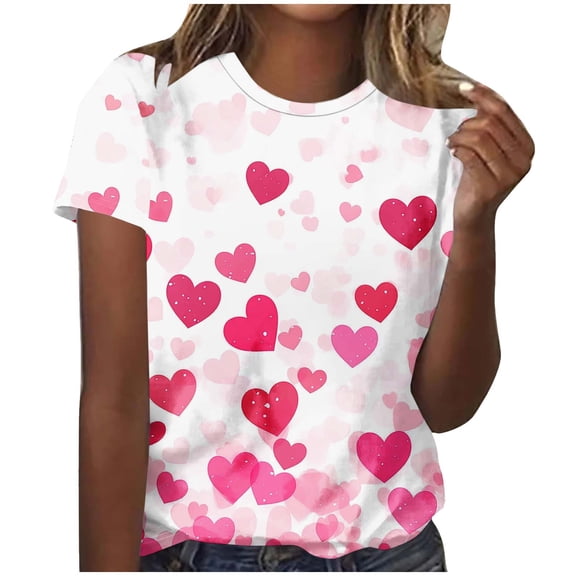 asdoklhq Valentine's Day Graphic Tees Women's Fashionable Loose Casual Loose Leisurely Printed Round Neck Short Sleeved T-shirt Top Hot Pink 2X