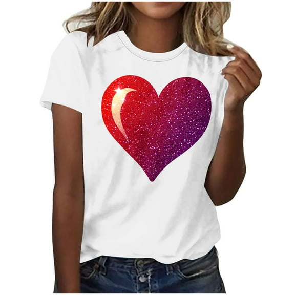 asdoklhq Valentine's Day Graphic Tees Women's Round Neck Print Casual Print Short Sleeved Short Sleeved Round Neck Top/shirt White M