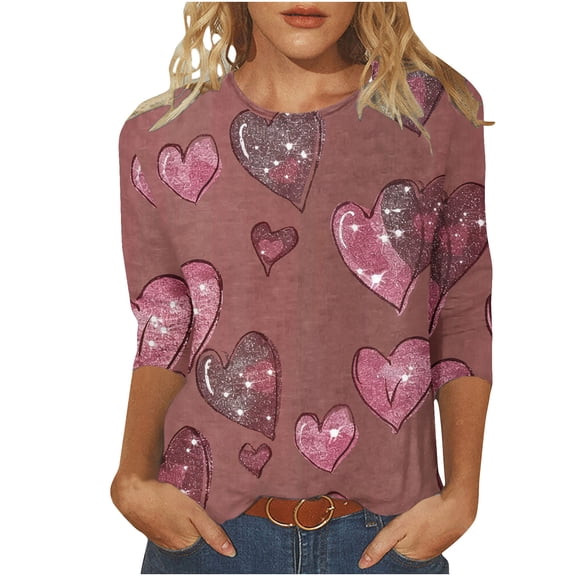 asdoklhq Valentine's Day T-Shirts Women's Fashion Tees Casual Crewneck 3/4 Sleeve Loose T Shirt Ladies Blouses Shirts Multicolor 4X