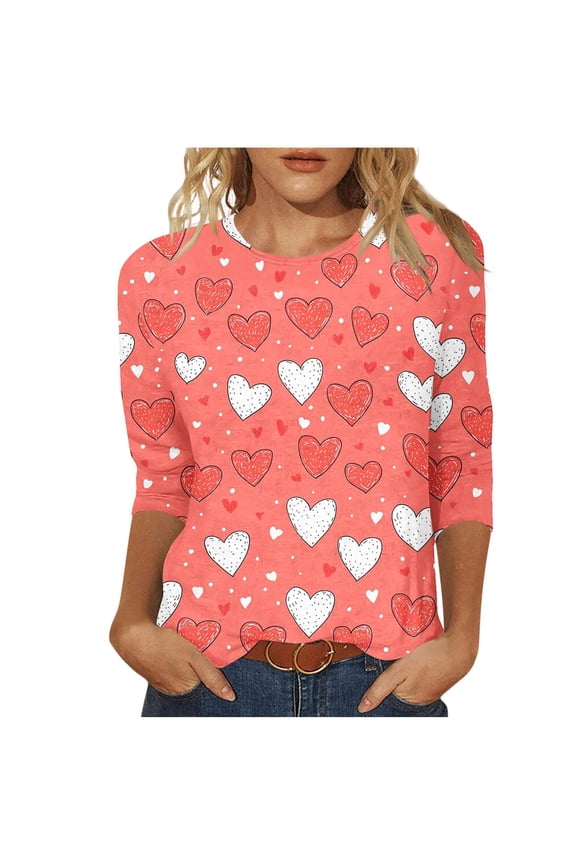 Valentine's Day T-Shirts Women's Printing Blouses 3/4 Sleeve Round Neck Pullover Fashionable Top Watermelon Red 4X