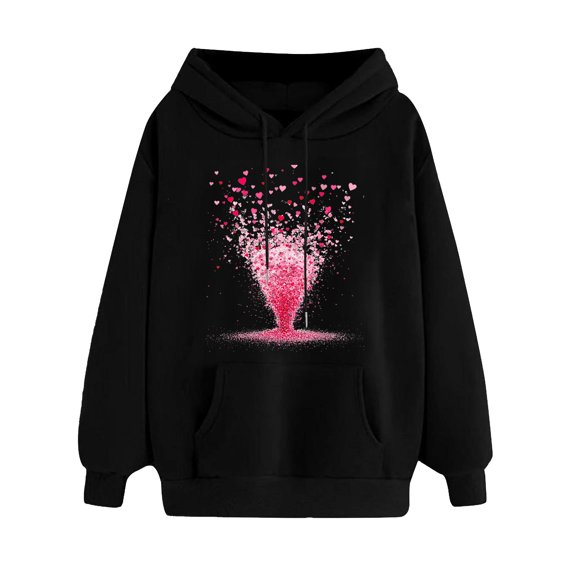 asdoklhq Valentine's Day Tops for Women Ladies' Valentine's Day Printed Long Sleeved Hooded Sweatshirt One Size Larger Black 2X
