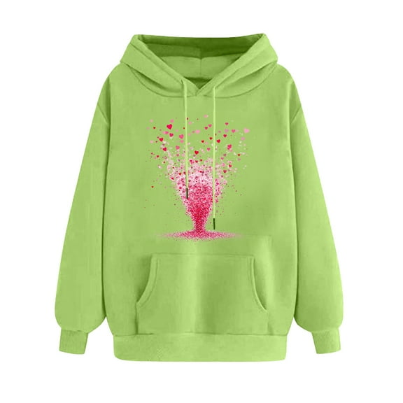 asdoklhq Valentine's Day Tops for Women Ladies' Valentine's Day Printed Long Sleeved Hooded Sweatshirt One Size Larger Green 2X