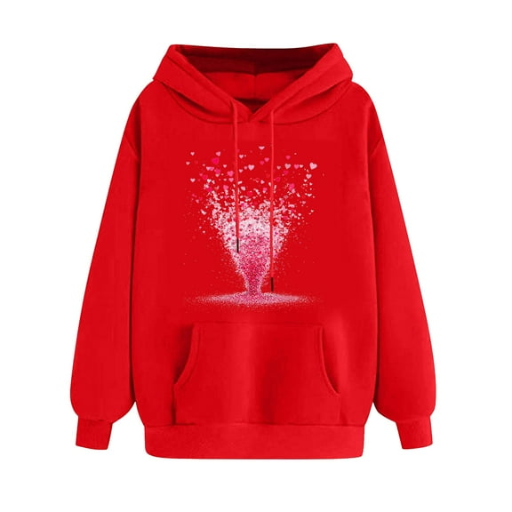 asdoklhq Valentine's Day Tops for Women Ladies' Valentine's Day Printed Long Sleeved Hooded Sweatshirt One Size Larger Red 2X