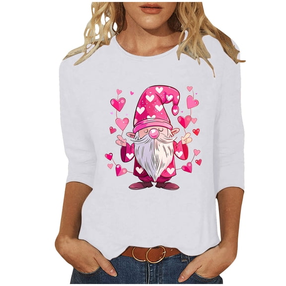 asdoklhq Valentine's Day Tops for Women Women's Fashion Tees Casual Crewneck 3/4 Sleeve Loose T Shirt Ladies Blouses Shirts White 5X
