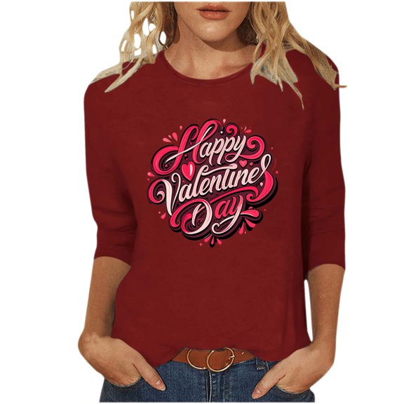 asdoklhq Valentines Day Clothes for Women Day Printed 3/4 Sleeve Crew Neck Fashion Pullover Tops T-Shirt Wine M