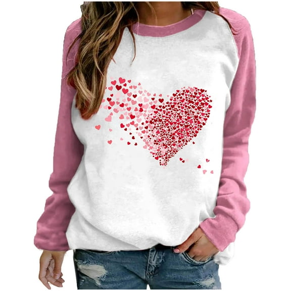 asdoklhq Valentines Day Clothes for Women Printed T-shirt Long Sleeves Blouse Round Neck Casual Sweatshirt Hoodies Pink M