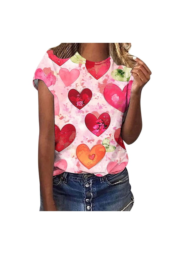Valentines Day Clothes for Women Women Valentine's Day Printed Casual Printed Round Neck Multicolor 3X
