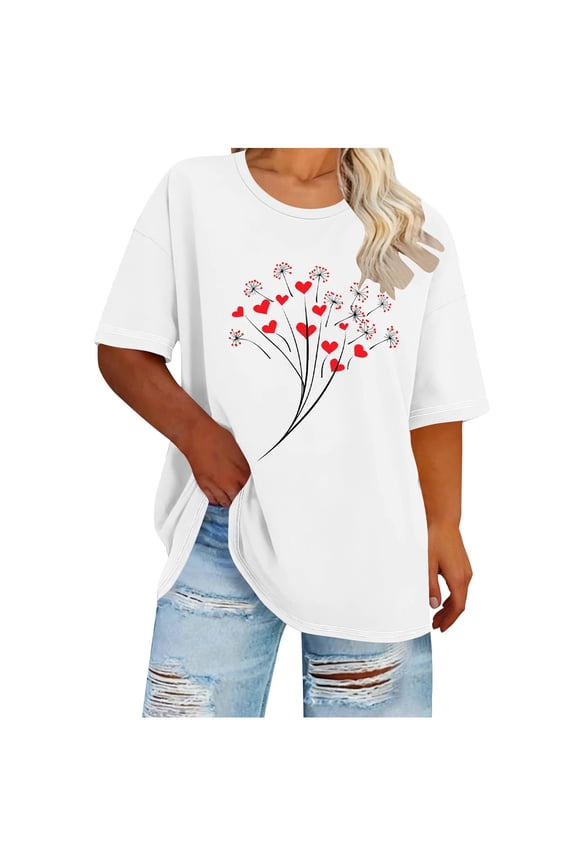 Valentines Oversized Tops for Women 2026 Crewneck Heart Print Women's Heart Print Day Plus Size Round Neck Short Sleeve Spring/Summer Base Layer T-Shirt White XL