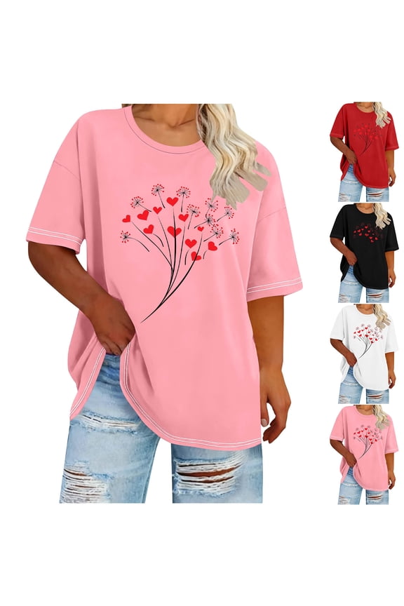 Valentines Oversized Tops for Women 2026 Crewneck Heart Print Women's Heart Print Day Plus Size Round Neck Short Sleeve Spring/Summer Base Layer T-Shirt Black 5X