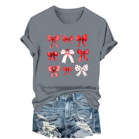 asdoklhq Valentines Womens T Shirts Plaid Heart Print Women's Bow Fashion Casual Printed Round Neck Short Sleeved T-shirt Top Gray XL