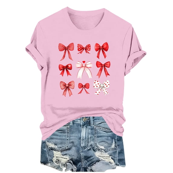 asdoklhq Valentines Womens T Shirts Plaid Heart Print Women's Bow Fashion Casual Printed Round Neck Short Sleeved T-shirt Top Pink L