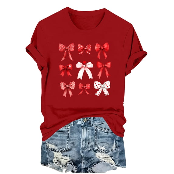 asdoklhq Valentines Womens T Shirts Plaid Heart Print Women's Bow Fashion Casual Printed Round Neck Short Sleeved T-shirt Top Red M