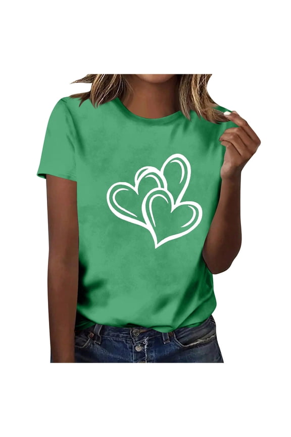 Valentines Womens Tops Striped Heart Print Fashion Women's Short Sleeve Casual Leopard Printed Loose T-shirt Tops Green M