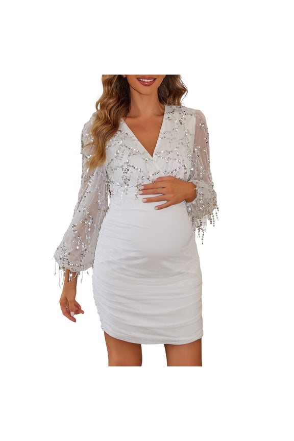 Velvet Dress Women's Sequin V-neck Contrasting Sequin Pregnant Women's Hip Wrap Dress White S