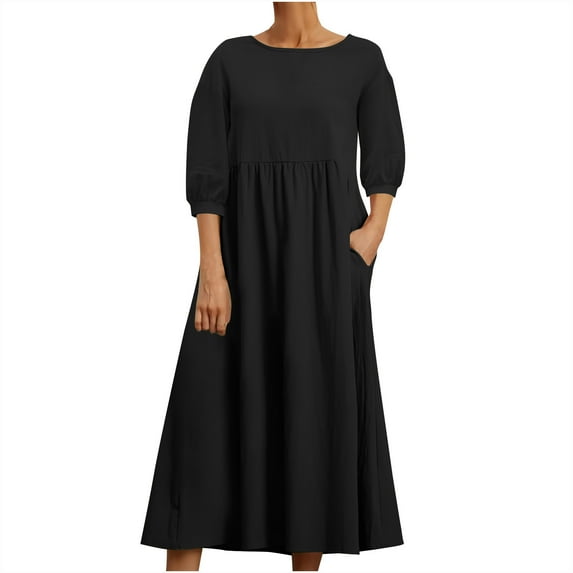 asdoklhq Velvet Dress for Women Fashion Summer Loose Long Sleeve Round Neck Solid Color Ankle-length Dress Black XL