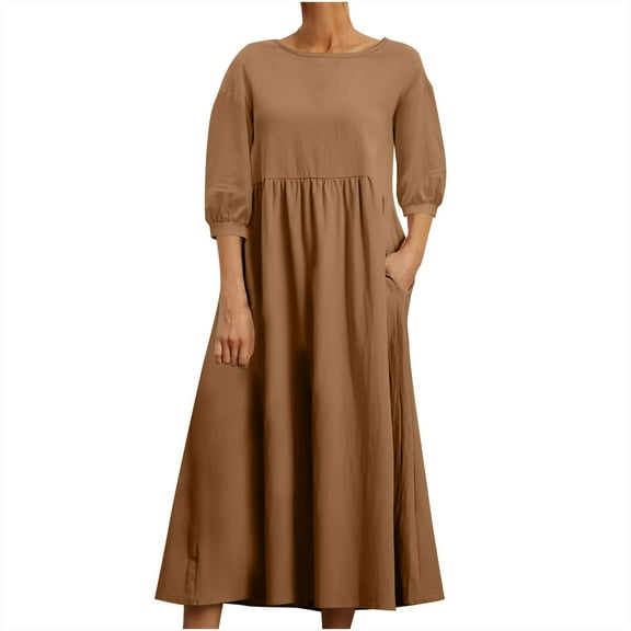 asdoklhq Velvet Dress for Women Fashion Summer Loose Long Sleeve Round Neck Solid Color Ankle-length Dress Brown XL