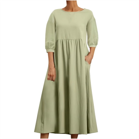 asdoklhq Velvet Dress for Women Fashion Summer Loose Long Sleeve Round Neck Solid Color Ankle-length Dress Green 2X