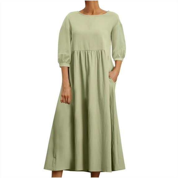asdoklhq Velvet Dress for Women Fashion Summer Loose Long Sleeve Round Neck Solid Color Ankle-length Dress Green XL