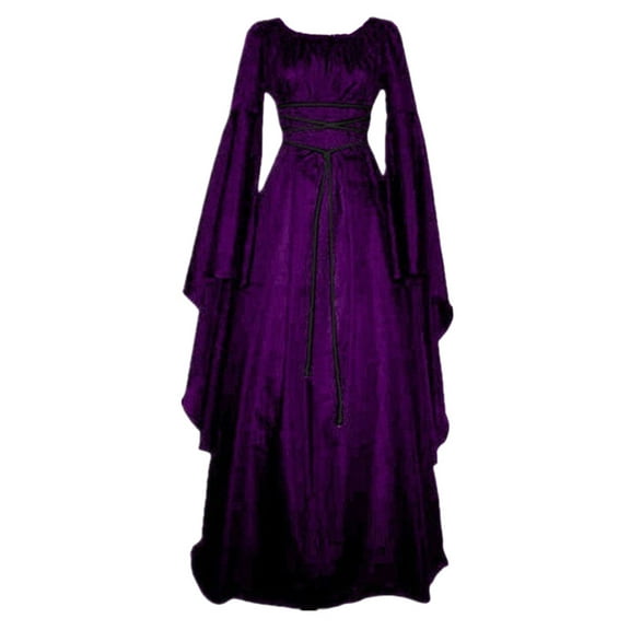 asdoklhq Velvet Dress for Women Long Sleeved Round Neck Women's Dress Halloween Costume Medieval Robe Purple XL