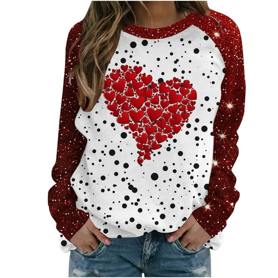 asdoklhq Vintage Valentine's Day T-Shirts for Women Ladies' Fashion Valentine's Day Printed Headless Shoulder Sleeve Long Sleeve Round Neck Top Red S