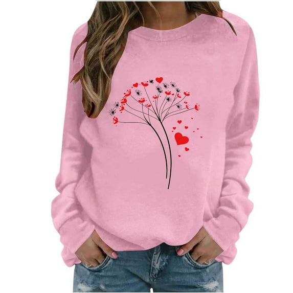 asdoklhq Vintage Valentine's Day T-Shirts for Women Long Sleeved Round Neck Sweatshirt Fashionable and Casual Hooded Sweatshirt Top Pink 2X