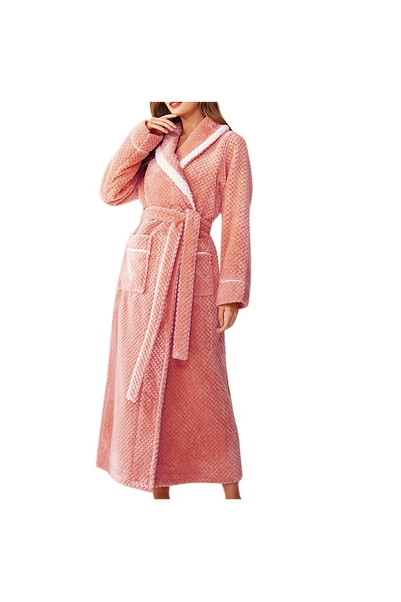 Waffle Robes for Women Thick Flannel Beibei Velvet Splicing Extended Poluoge Nightgown Long Pajama Bathrobe Orange XL