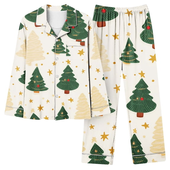 asdoklhq Warm Pajamas for Women Christmas Home Pocket Printed Pajama Set for Daily Home Wear Long Sleeves Set Green 2X
