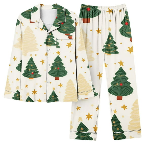 asdoklhq Warm Pajamas for Women Christmas Home Pocket Printed Pajama Set for Daily Home Wear Long Sleeves Set Green M