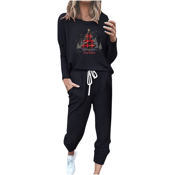 asdoklhq Warm Pajamas for Women Fashionable Loose Printed Long Sleeved Round Neck Drawstring Casual Set Black M