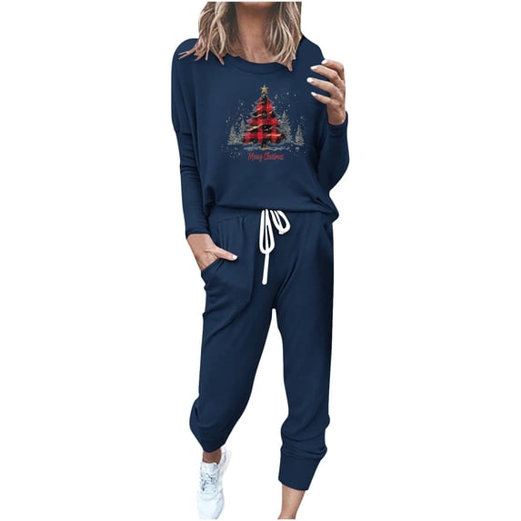 asdoklhq Warm Pajamas for Women Fashionable Loose Printed Long Sleeved Round Neck Drawstring Casual Set Navy S
