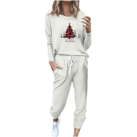 asdoklhq Warm Pajamas for Women Fashionable Loose Printed Long Sleeved Round Neck Drawstring Casual Set White S