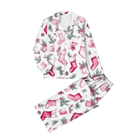 asdoklhq Warm Pajamas for Women Ladies' Casual Fashion Christmas Long Sleeved Lapel Set Casual Top Pants Pajama Set Pink XL