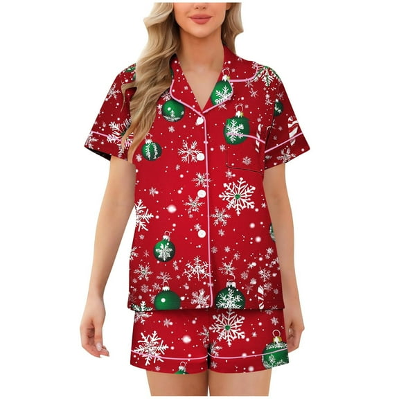 asdoklhq Warm Pajamas for Women Set Woman Casual Turndown Button Print Short Sleeve Blouse and Short Pants Set Red 2X