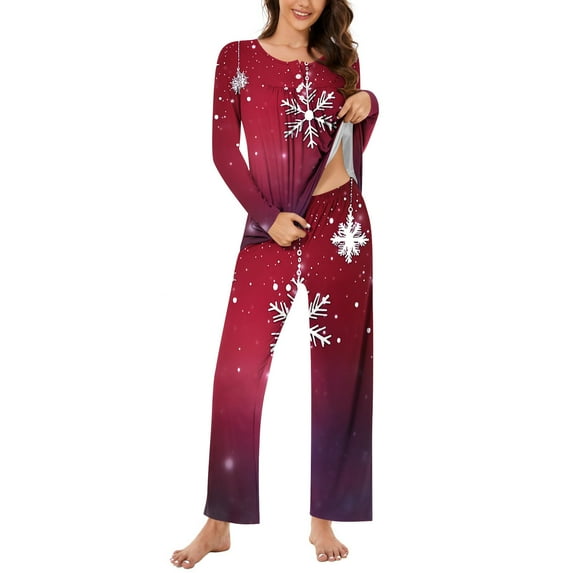 asdoklhq Warm Pajamas for Women Women Christmas Fashionable and Casual Loose Printed Round Neck Button Up Long Sleeved Pants Pajama Set Multicolor XL