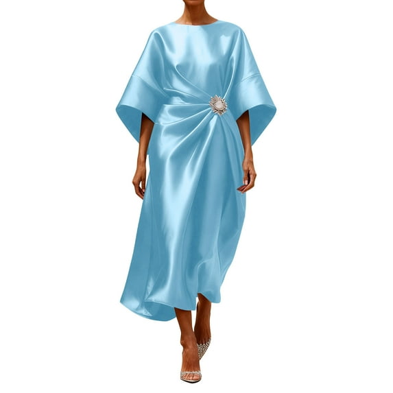 asdoklhq Wedding Dress Short Sleeve Women's Fashion Casual Solid Color Elbow Sleeve Round Neck Dress Sky Blue 3X