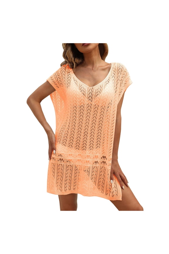 Wedding Dress Short Sleeve Women's V-neck Loose Casual Woven Dress Outside The Beach Orange Free Size