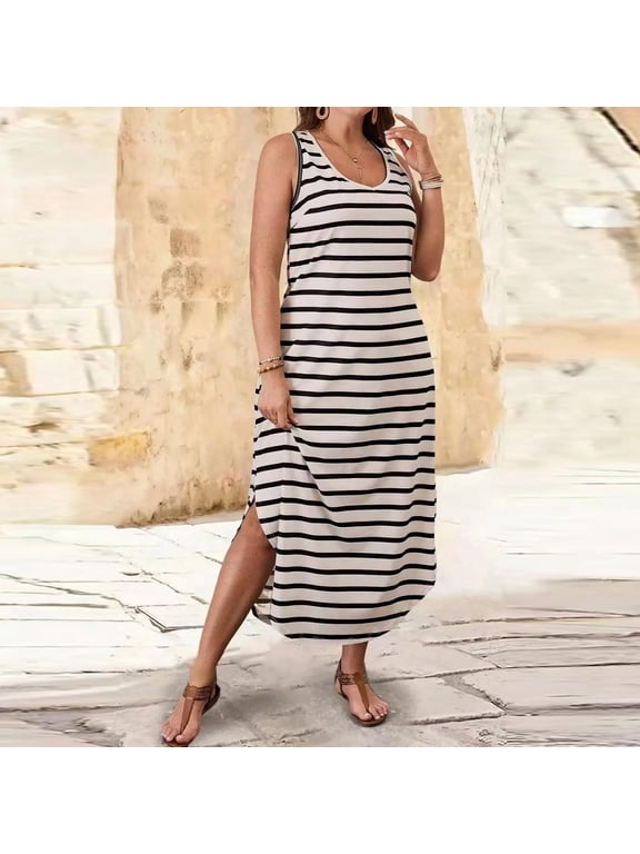 Wedding Dresses For Bride Y2k Dress Women Sleeveless V-Neck Striped Maxi Dress Casual Loose Curved Hem Side Split Dress Beige S
