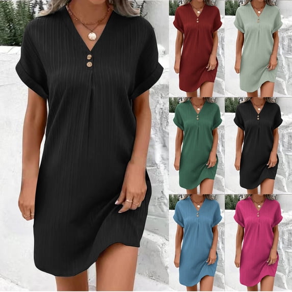 asdoklhq Wedding Dresses for Bride Holiday Dress Women Casual Solid-neck Short Sleeve Pocket Split Hem Strap Black XL