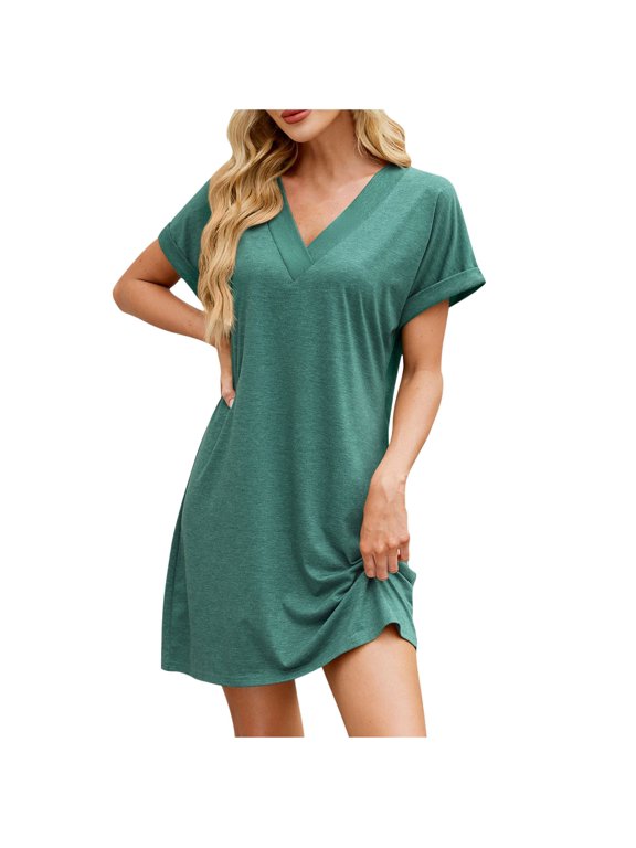 Wedding Dresses for Bride Short Sleeve Women's Fashion Solid Shorts Sleeves V-Neck Dress Green S